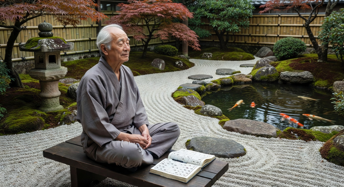 お庭で数独を楽しむシニア